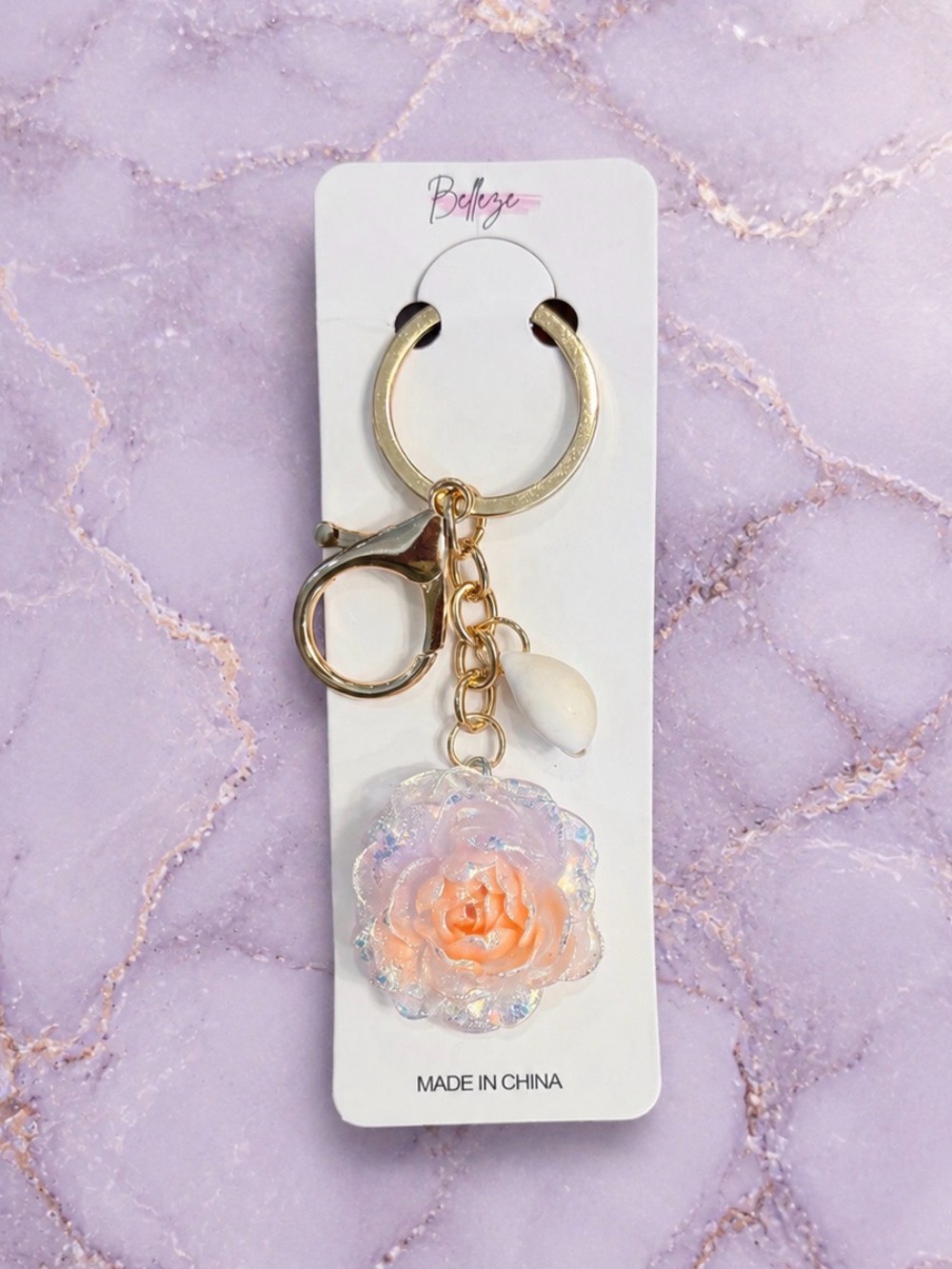 Iridescent Peach & Lilac Rose Keychain / Handbag Charm w Shell  & Gold Hardware